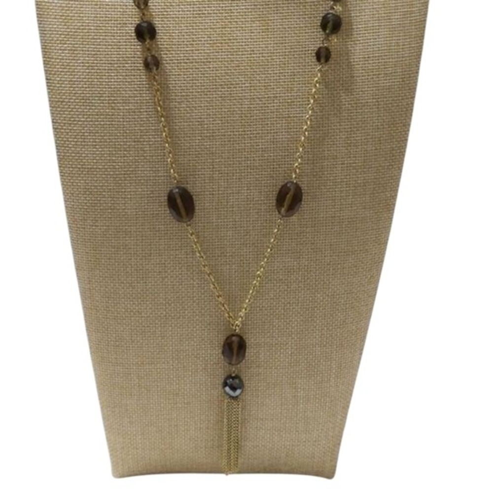 Treska Gold Tone Smoky Brown Beaded Tassel Y-Drop‎ Long Station Necklace - Picture 2 of 3